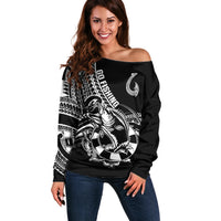Personalised Polynesia Off Shoulder Sweater Fish Hook Tattoo Go Fishing Polynesian Pattern Black LT14 Women Black - Polynesian Pride