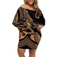 Polynesia Off Shoulder Short Dress Fish Hook Tattoo Go Fishing Polynesian Pattern Gold LT14 Women Gold - Polynesian Pride