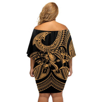 Polynesia Off Shoulder Short Dress Fish Hook Tattoo Go Fishing Polynesian Pattern Gold LT14 - Polynesian Pride