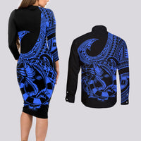 Polynesia Couples Matching Long Sleeve Bodycon Dress and Long Sleeve Button Shirts Fish Hook Tattoo Go Fishing Polynesian Pattern Blue LT14 - Polynesian Pride