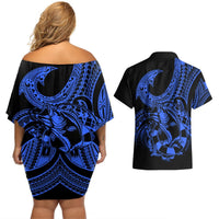 Polynesia Couples Matching Off Shoulder Short Dress and Hawaiian Shirt Fish Hook Tattoo Go Fishing Polynesian Pattern Blue LT14 - Polynesian Pride