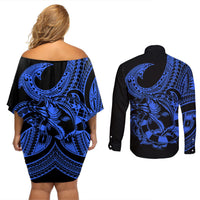 polynesia-couples-matching-off-shoulder-short-dress-and-long-sleeve-button-shirts-fish-hook-tattoo-go-fishing-polynesian-pattern-blue