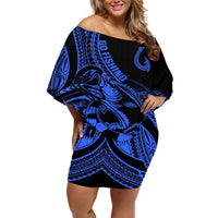 Polynesia Off Shoulder Short Dress Fish Hook Tattoo Go Fishing Polynesian Pattern Blue LT14 Women Blue - Polynesian Pride