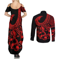 polynesia-couples-matching-summer-maxi-dress-and-long-sleeve-button-shirts-fish-hook-tattoo-go-fishing-polynesian-pattern-red