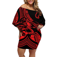 Polynesia Off Shoulder Short Dress Fish Hook Tattoo Go Fishing Polynesian Pattern Red LT14 Women Red - Polynesian Pride