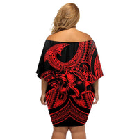 Polynesia Off Shoulder Short Dress Fish Hook Tattoo Go Fishing Polynesian Pattern Red LT14 - Polynesian Pride
