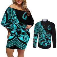 polynesia-couples-matching-off-shoulder-short-dress-and-long-sleeve-button-shirts-fish-hook-tattoo-go-fishing-polynesian-pattern-turquosie