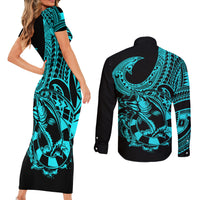 polynesia-couples-matching-short-sleeve-bodycon-dress-and-long-sleeve-button-shirts-fish-hook-tattoo-go-fishing-polynesian-pattern-turquosie
