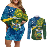 Solomon Islands Couples Matching Off Shoulder Short Dress and Long Sleeve Button Shirts Tropical Leaves With Melanesian Pattern LT14 Green - Polynesian Pride