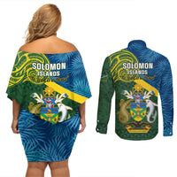 Solomon Islands Couples Matching Off Shoulder Short Dress and Long Sleeve Button Shirts Tropical Leaves With Melanesian Pattern LT14 - Polynesian Pride