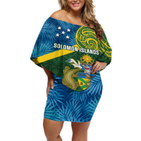 Solomon Islands Off Shoulder Short Dress Tropical Leaves With Melanesian Pattern LT14 Women Green - Polynesian Pride