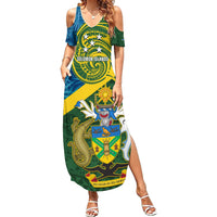 Personalised Solomon Islands Family Matching Summer Maxi Dress and Hawaiian Shirt Tropical Leaves With Melanesian Pattern LT14 Mom's Dress Green - Polynesian Pride