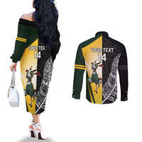 New Zealand and South Africa Rugby Custom Couples Matching Off The Shoulder Long Sleeve Dress and Long Sleeve Button Shirt Maori Silver Fern Springbok Together LT14 - Polynesian Pride