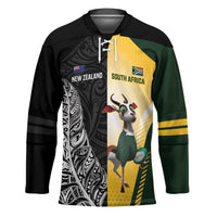 New Zealand and South Africa Rugby Custom Hockey Jersey Maori Silver Fern Springbok Together LT14 Unisex Black - Polynesian Pride