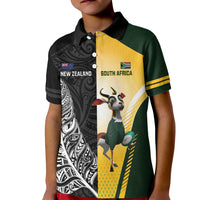 New Zealand and South Africa Rugby Custom Kid Polo Shirt Maori Silver Fern Springbok Together LT14 Kid Black - Polynesian Pride