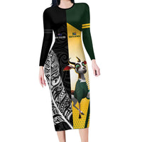 New Zealand and South Africa Rugby Custom Long Sleeve Bodycon Dress Maori Silver Fern Springbok Together LT14 Long Dress Black - Polynesian Pride