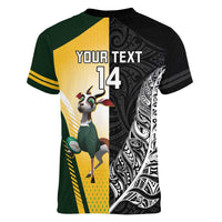 New Zealand and South Africa Rugby Custom Women V-Neck T-Shirt Maori Silver Fern Springbok Together LT14 - Polynesian Pride