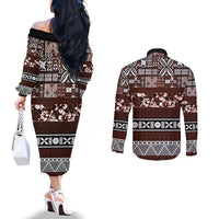 Bula Fiji Couples Matching Off The Shoulder Long Sleeve Dress and Long Sleeve Button Shirt Fijian Tapa Masi With Hibiscus Flowers LT14 - Polynesian Pride