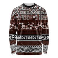 Bula Fiji Long Sleeve Shirt Fijian Tapa Masi With Hibiscus Flowers LT14 Unisex Brown - Polynesian Pride