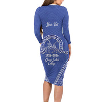 Queen Salote College 100 Years Personalized Family Matching Long Sleeve Bodycon Dress and Hawaiian Shirt Tonga QSC Heilala Lei Blue Ngatu Pattern LT14 - Polynesian Pride