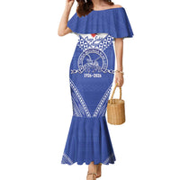 Queen Salote College 100 Years Personalized Family Matching Mermaid Dress and Hawaiian Shirt Tonga QSC Heilala Lei Blue Ngatu Pattern LT14 Mom's Dress Blue - Polynesian Pride