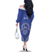 Queen Salote College 100 Years Personalized Family Matching Off The Shoulder Long Sleeve Dress and Hawaiian Shirt Tonga QSC Heilala Lei Blue Ngatu Pattern LT14 - Polynesian Pride