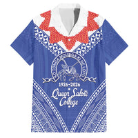 Queen Salote College 100 Years Personalized Family Matching Off Shoulder Short Dress and Hawaiian Shirt Tonga QSC Heilala Lei Blue Ngatu Pattern