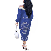 Queen Salote College 100 Years Personalized Off The Shoulder Long Sleeve Dress Tonga QSC Heilala Lei Blue Ngatu Pattern