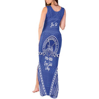 Queen Salote College 100 Years Personalized Tank Maxi Dress Tonga QSC Heilala Lei Blue Ngatu Pattern