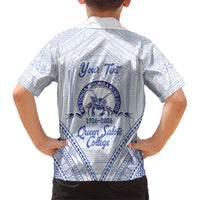Queen Salote College 100 Years Personalized Family Matching Off The Shoulder Long Sleeve Dress and Hawaiian Shirt Tonga QSC Heilala Lei White Ngatu Pattern LT14 - Polynesian Pride