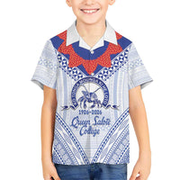 Queen Salote College 100 Years Personalized Family Matching Puletasi and Hawaiian Shirt Tonga QSC Heilala Lei White Ngatu Pattern