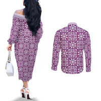 Poni Palaka Quilt Hawaii Couples Matching Off The Shoulder Long Sleeve Dress and Long Sleeve Button Shirt Hawaiian Tropical Monstera Sea Turtle LT14 - Polynesian Pride