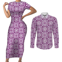 Poni Palaka Quilt Hawaii Couples Matching Short Sleeve Bodycon Dress and Long Sleeve Button Shirt Hawaiian Tropical Monstera Sea Turtle LT14 Purple - Polynesian Pride