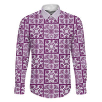 Poni Palaka Quilt Hawaii Family Matching Off Shoulder Short Dress and Hawaiian Shirt Hawaiian Tropical Monstera Sea Turtle LT14 Dad's Shirt - Long Sleeve Purple - Polynesian Pride