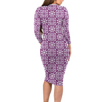 Poni Palaka Quilt Hawaii Long Sleeve Bodycon Dress Hawaiian Tropical Monstera Sea Turtle