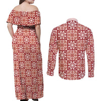 Ulaula Palaka Quilt Hawaii Couples Matching Off Shoulder Maxi Dress and Long Sleeve Button Shirt Hawaiian Tropical Monstera Sea Turtle