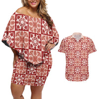 Ulaula Palaka Quilt Hawaii Couples Matching Off Shoulder Short Dress and Hawaiian Shirt Hawaiian Tropical Monstera Sea Turtle LT14 Red - Polynesian Pride