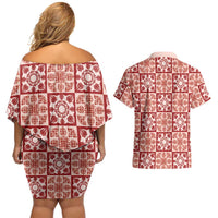Ulaula Palaka Quilt Hawaii Couples Matching Off Shoulder Short Dress and Hawaiian Shirt Hawaiian Tropical Monstera Sea Turtle LT14 - Polynesian Pride