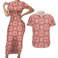 Ulaula Palaka Quilt Hawaii Couples Matching Short Sleeve Bodycon Dress and Hawaiian Shirt Hawaiian Tropical Monstera Sea Turtle LT14 Red - Polynesian Pride