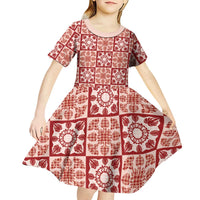 Ulaula Palaka Quilt Hawaii Kid Short Sleeve Dress Hawaiian Tropical Monstera Sea Turtle