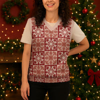 Ulaula Palaka Quilt Hawaii Christmas Knitted V-Neck Vest Hawaiian Tropical Monstera Sea Turtle