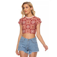 Ulaula Palaka Quilt Hawaii Raglan Cropped T Shirt Hawaiian Tropical Monstera Sea Turtle