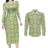 Omaomao Palaka Quilt Hawaii Couples Matching Long Sleeve Bodycon Dress and Long Sleeve Button Shirt Hawaiian Tropical Monstera Sea Turtle LT14 Green - Polynesian Pride