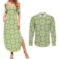 Omaomao Palaka Quilt Hawaii Couples Matching Summer Maxi Dress and Long Sleeve Button Shirt Hawaiian Tropical Monstera Sea Turtle