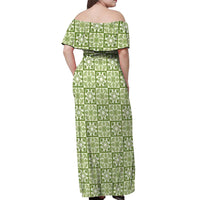 Omaomao Palaka Quilt Hawaii Off Shoulder Maxi Dress Hawaiian Tropical Monstera Sea Turtle