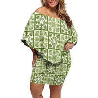 Omaomao Palaka Quilt Hawaii Off Shoulder Short Dress Hawaiian Tropical Monstera Sea Turtle