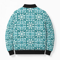 Cyan Palaka Quilt Hawaii Bomber Puffer Jacket Hawaiian Tropical Monstera Sea Turtle