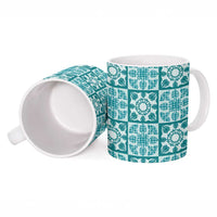 Cyan Palaka Quilt Hawaii Ceramic Mug Hawaiian Tropical Monstera Sea Turtle