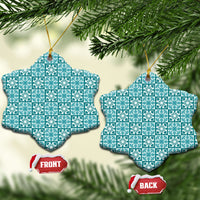 Cyan Palaka Quilt Hawaii Ceramic Ornament Hawaiian Tropical Monstera Sea Turtle