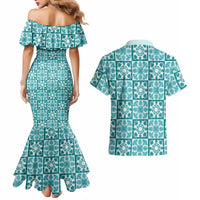 Cyan Palaka Quilt Hawaii Couples Matching Mermaid Dress and Hawaiian Shirt Hawaiian Tropical Monstera Sea Turtle LT14 - Polynesian Pride